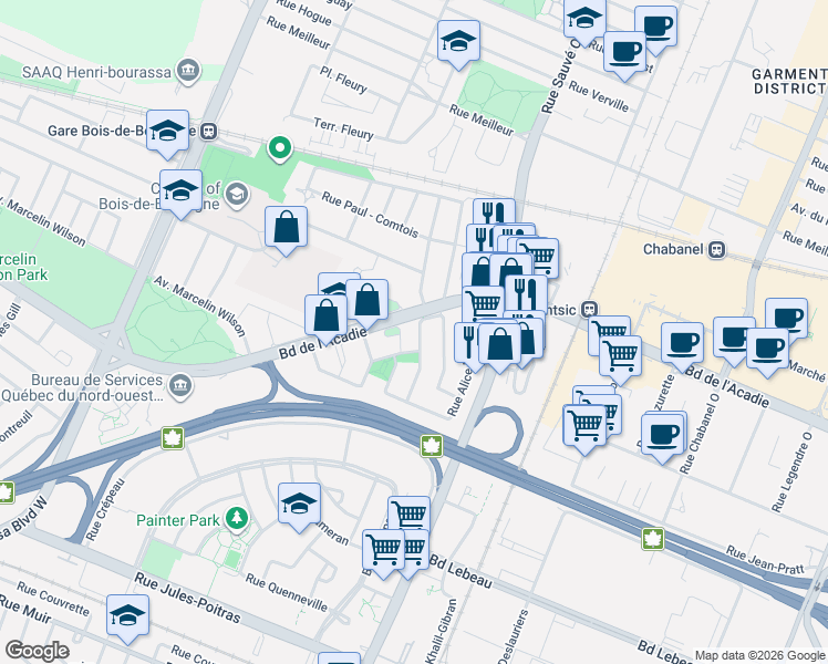 map of restaurants, bars, coffee shops, grocery stores, and more near 1935 Rue Robertine-Barry in Montréal