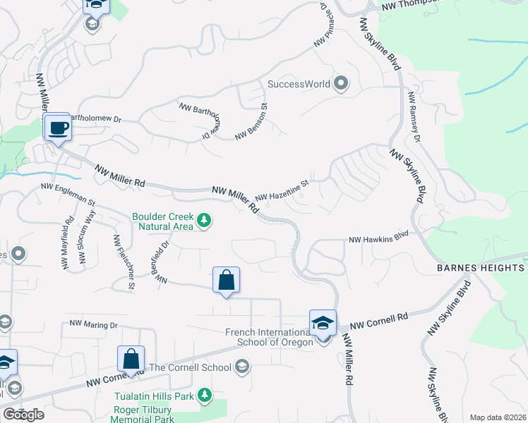 map of restaurants, bars, coffee shops, grocery stores, and more near 1615 Northwest Barnsley Court in Portland