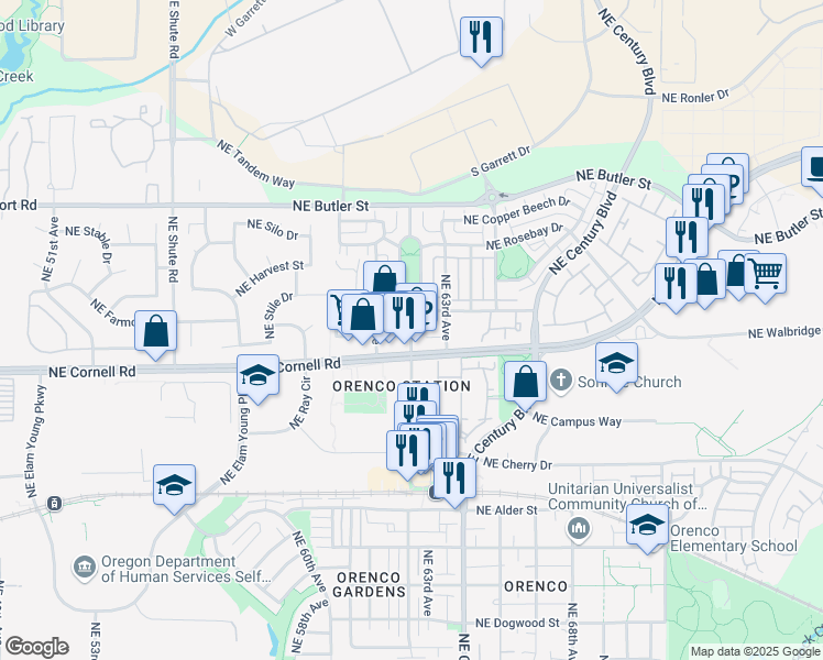 map of restaurants, bars, coffee shops, grocery stores, and more near Northeast Orenco Station Parkway in Hillsboro