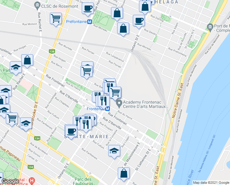 map of restaurants, bars, coffee shops, grocery stores, and more near 2710 Rue Ontario East in Montréal