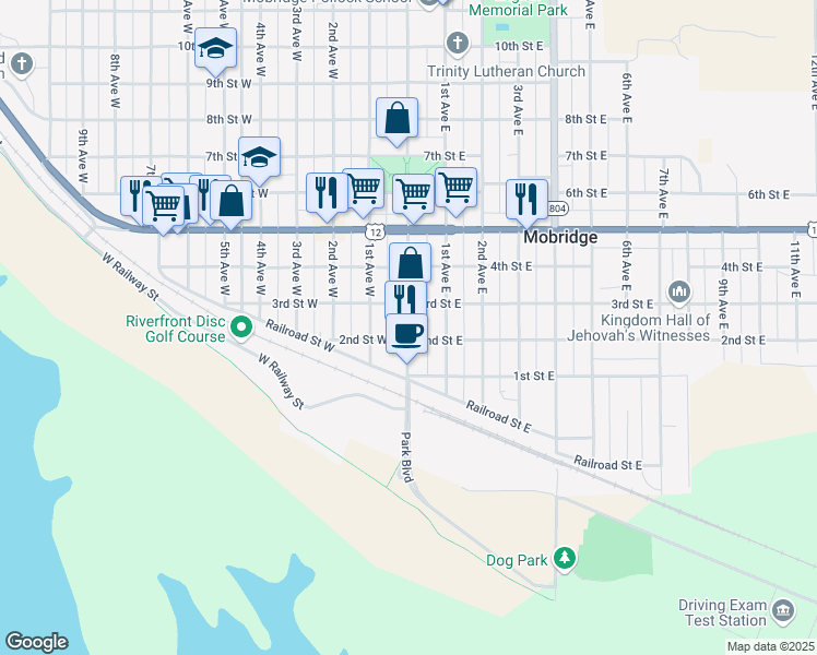 map of restaurants, bars, coffee shops, grocery stores, and more near 212 Main Street in Mobridge