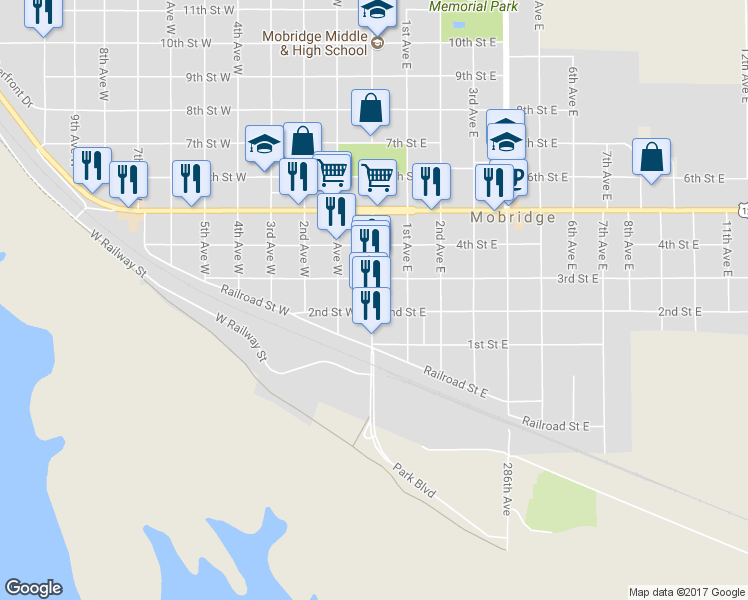 map of restaurants, bars, coffee shops, grocery stores, and more near 212 Main St in Mobridge
