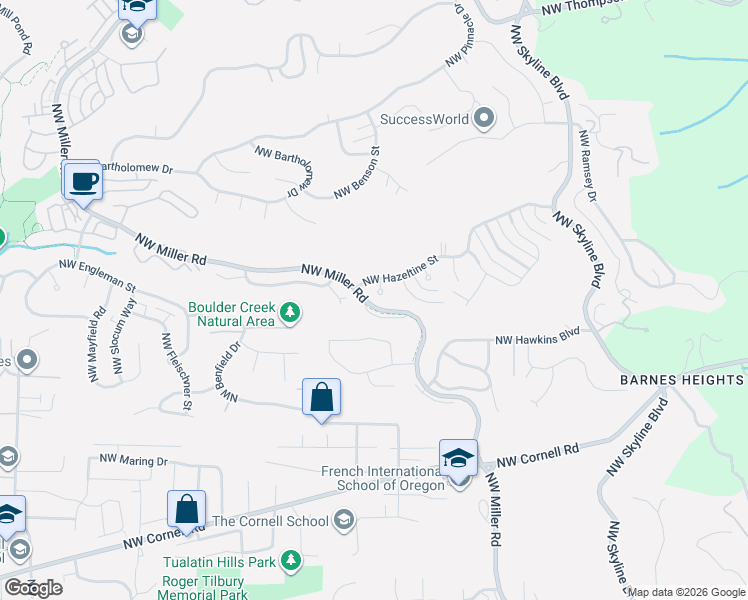 map of restaurants, bars, coffee shops, grocery stores, and more near 1615 Northwest Barnsley Court in Portland