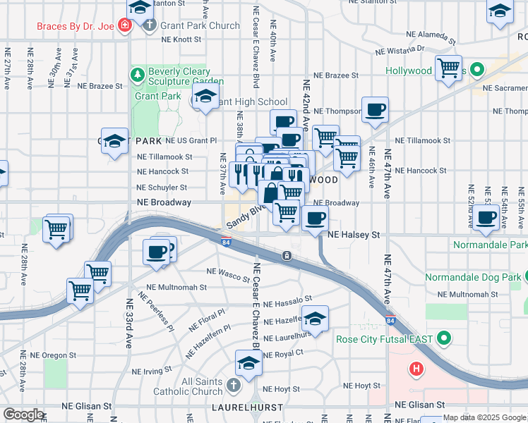 map of restaurants, bars, coffee shops, grocery stores, and more near 4010 Northeast Sandy Boulevard in Portland
