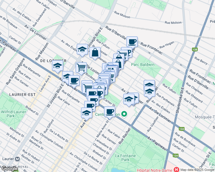 map of restaurants, bars, coffee shops, grocery stores, and more near 2007 Avenue du Mont-Royal Est in Montréal