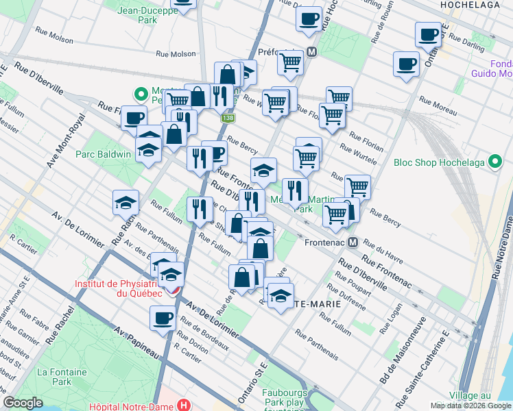 map of restaurants, bars, coffee shops, grocery stores, and more near 2379 Rue D'Iberville in Montréal