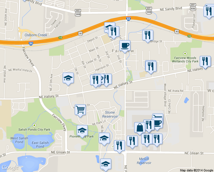 map of restaurants, bars, coffee shops, grocery stores, and more near 21935 NE Halsey St in Fairview