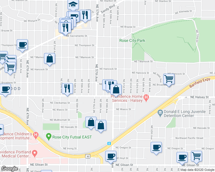 map of restaurants, bars, coffee shops, grocery stores, and more near 5824 Northeast Broadway in Portland