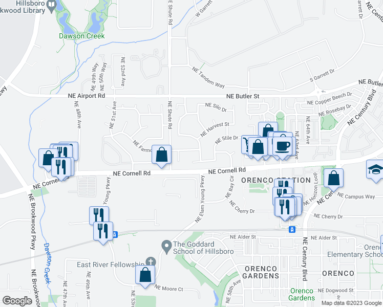 map of restaurants, bars, coffee shops, grocery stores, and more near 5738 Northeast Farmcrest Street in Hillsboro