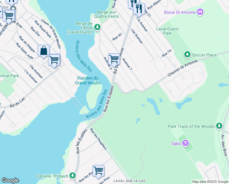 map of restaurants, bars, coffee shops, grocery stores, and more near 1300 Rue les Érables in Laval