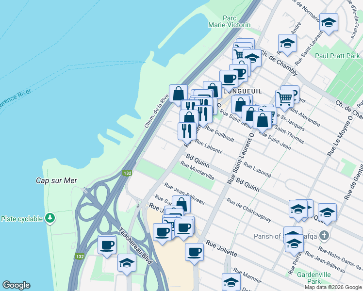 map of restaurants, bars, coffee shops, grocery stores, and more near 495 Rue Saint-Charles Ouest in Longueuil