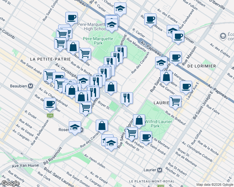 map of restaurants, bars, coffee shops, grocery stores, and more near 5620 Rue de la Roche in Montréal