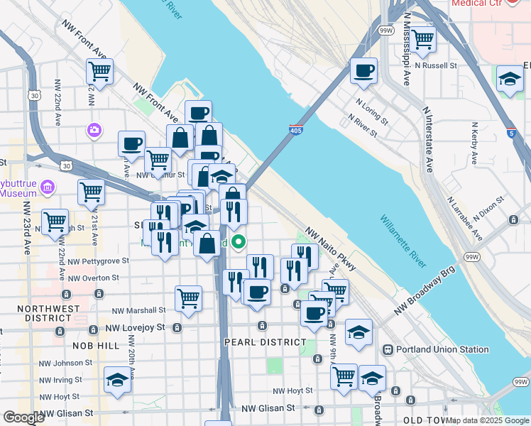 map of restaurants, bars, coffee shops, grocery stores, and more near 1650 Northwest 13th Avenue in Portland
