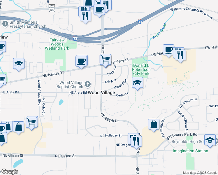 map of restaurants, bars, coffee shops, grocery stores, and more near 100 Ash Avenue in Wood Village
