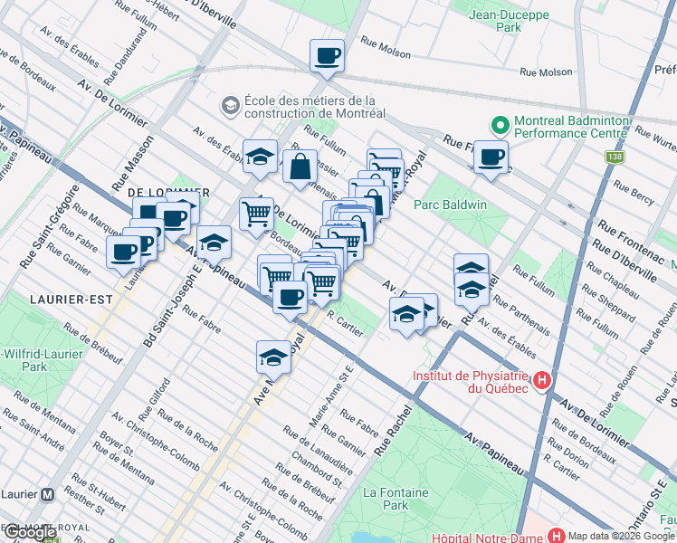 map of restaurants, bars, coffee shops, grocery stores, and more near 2007 Avenue du Mont-Royal Est in Montréal