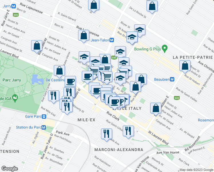 map of restaurants, bars, coffee shops, grocery stores, and more near 156 Avenue Mozart Est in Montréal