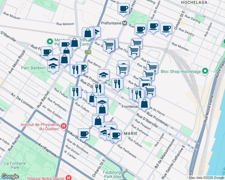 map of restaurants, bars, coffee shops, grocery stores, and more near 2287 Rue Frontenac in Montréal