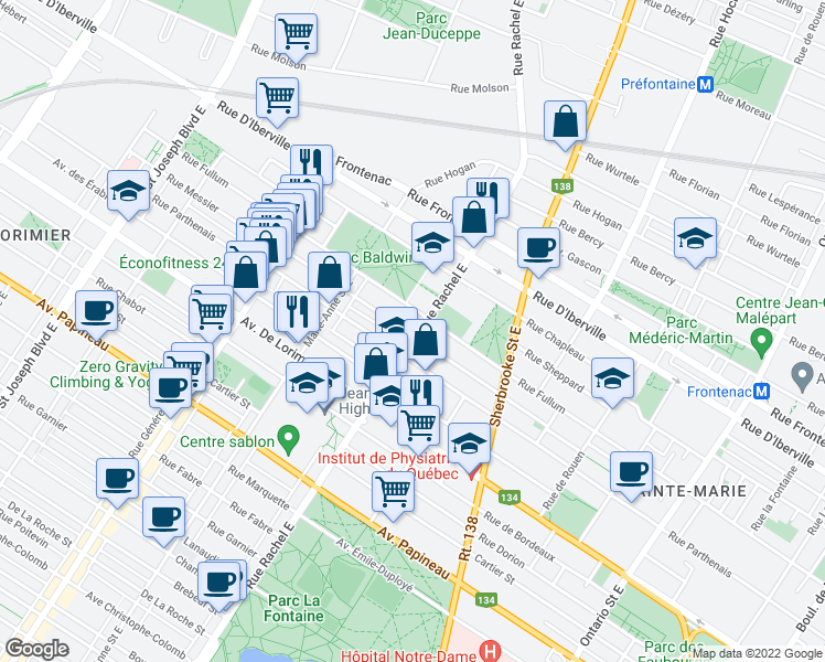 map of restaurants, bars, coffee shops, grocery stores, and more near 2259 Rue Rachel Est in Montréal