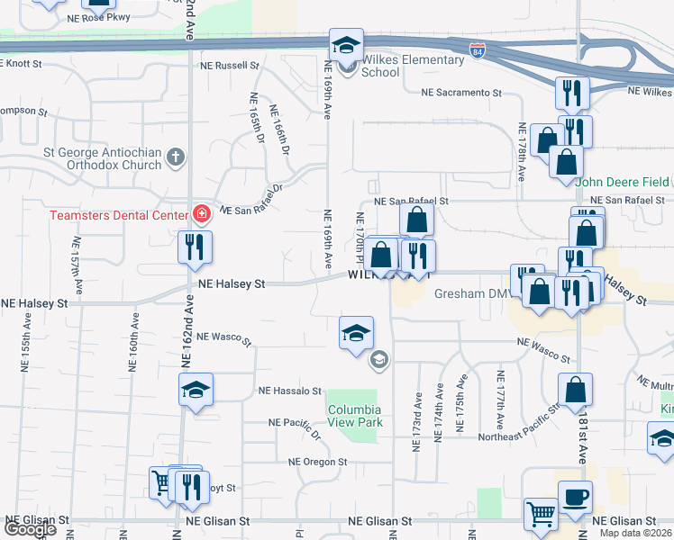 map of restaurants, bars, coffee shops, grocery stores, and more near 1690 Northeast 169th Avenue in Portland
