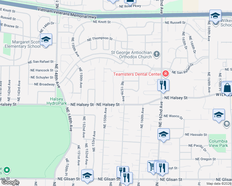 map of restaurants, bars, coffee shops, grocery stores, and more near 1722 Northeast 156th Avenue in Portland