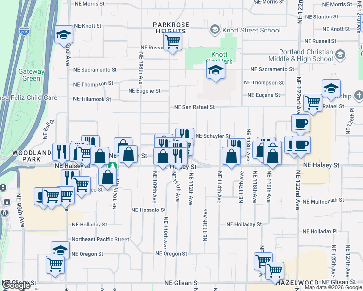 map of restaurants, bars, coffee shops, grocery stores, and more near 11128 Northeast Schuyler Street in Portland