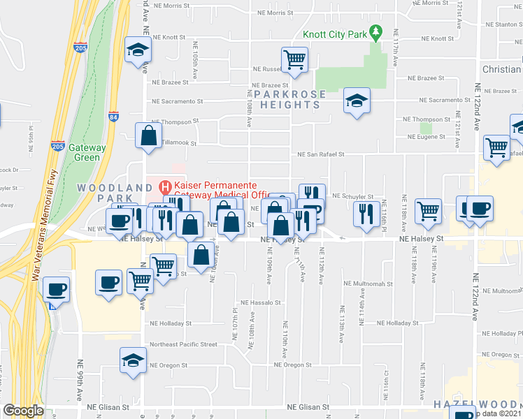 map of restaurants, bars, coffee shops, grocery stores, and more near 10810 Northeast Schuyler Street in Portland