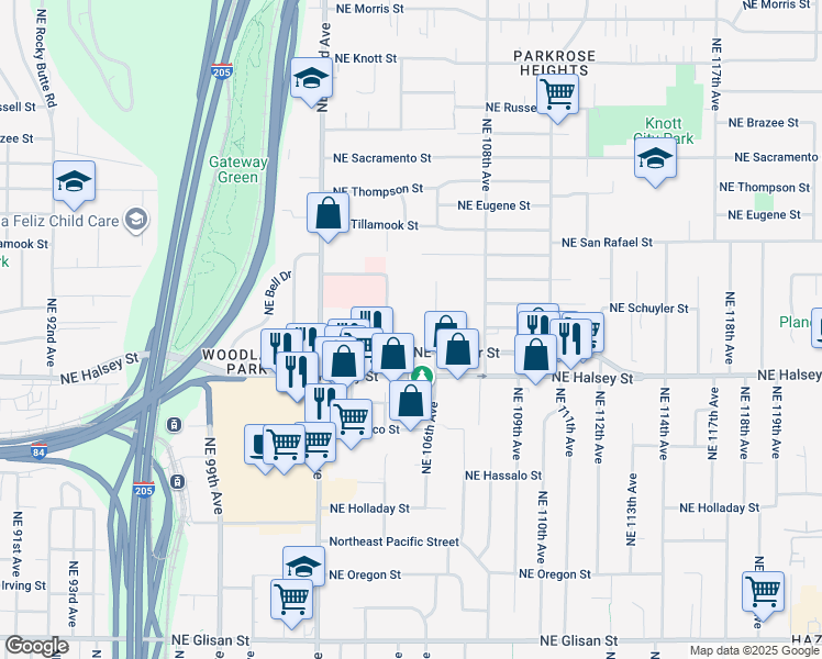 map of restaurants, bars, coffee shops, grocery stores, and more near 1820 Northeast 104th Avenue in Portland