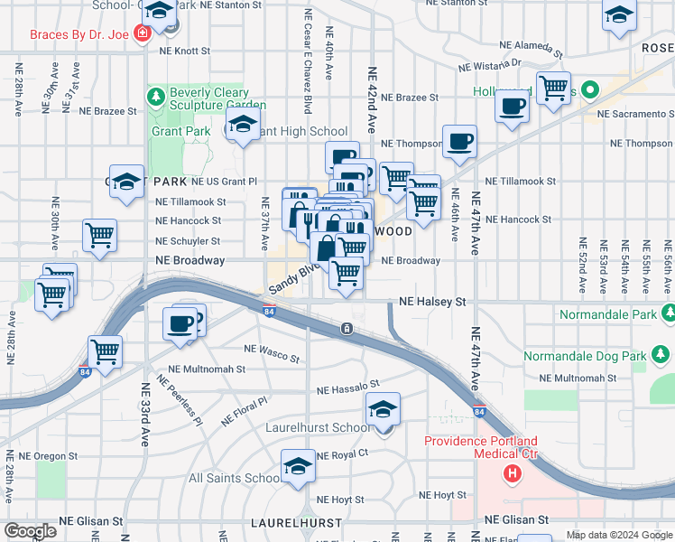 map of restaurants, bars, coffee shops, grocery stores, and more near 1675 Northeast 41st Avenue in Portland