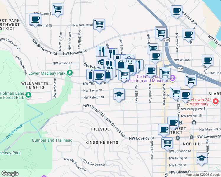 map of restaurants, bars, coffee shops, grocery stores, and more near 2651 Northwest Thurman Street in Portland