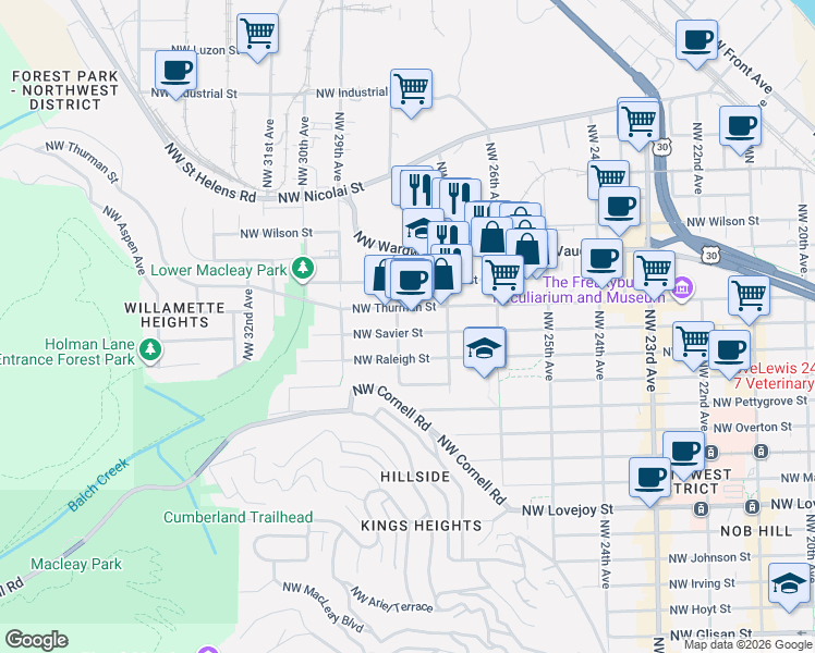 map of restaurants, bars, coffee shops, grocery stores, and more near 1841 Northwest 28th Avenue in Portland