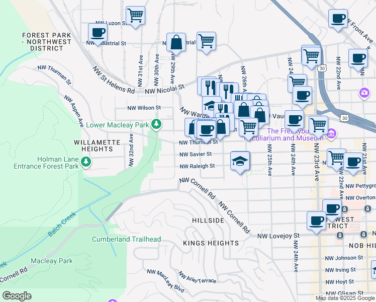 map of restaurants, bars, coffee shops, grocery stores, and more near 2875-2879 Northwest Thurman Street in Portland