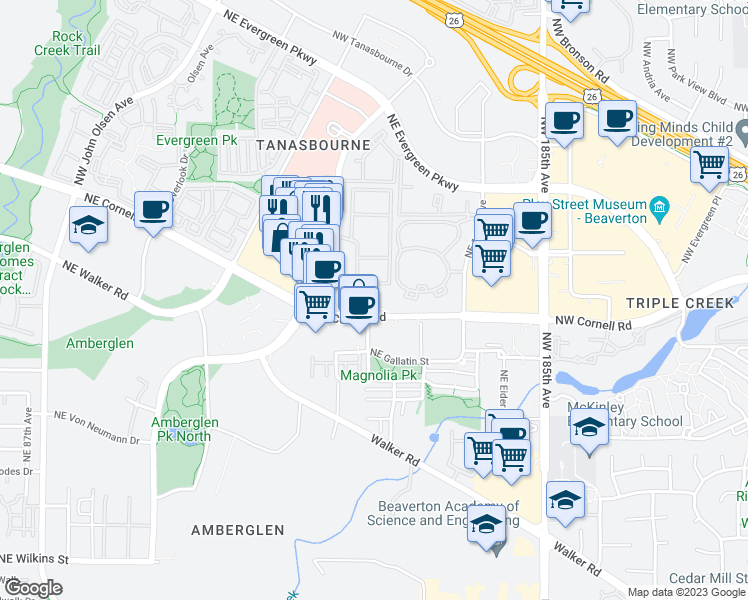 map of restaurants, bars, coffee shops, grocery stores, and more near 2046 Northeast Thorncroft Drive in Hillsboro