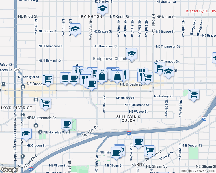 map of restaurants, bars, coffee shops, grocery stores, and more near 1820 Northeast Schuyler Street in Portland