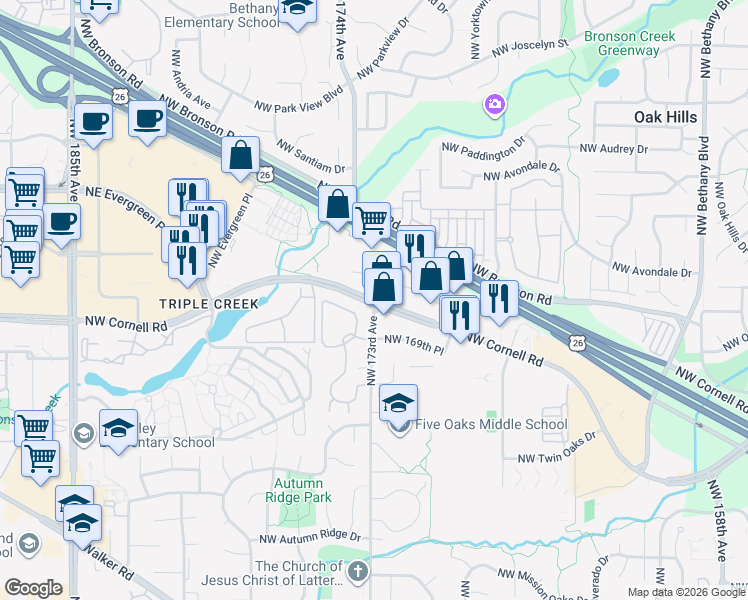map of restaurants, bars, coffee shops, grocery stores, and more near NW Cornell Rd & NW 173rd Ave in Beaverton