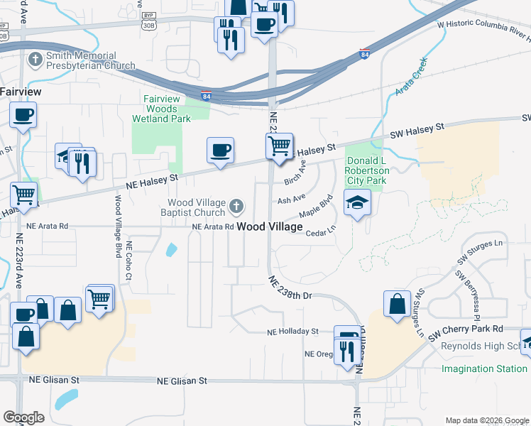 map of restaurants, bars, coffee shops, grocery stores, and more near 1717 Northeast Walnut Avenue in Wood Village