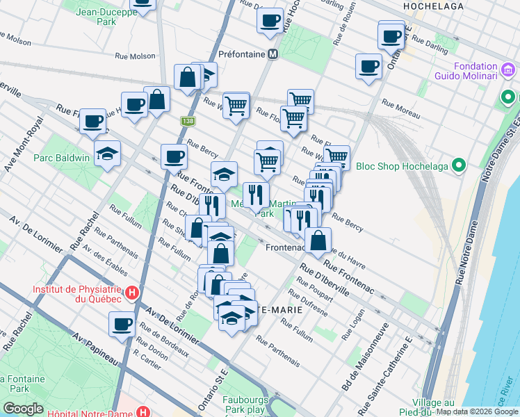 map of restaurants, bars, coffee shops, grocery stores, and more near 2590 Rue de Rouen in Montréal