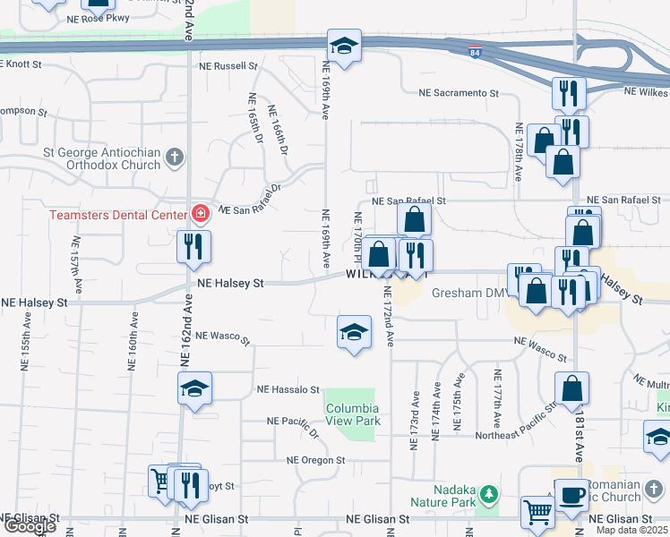 map of restaurants, bars, coffee shops, grocery stores, and more near 1690 Northeast 169th Avenue in Portland