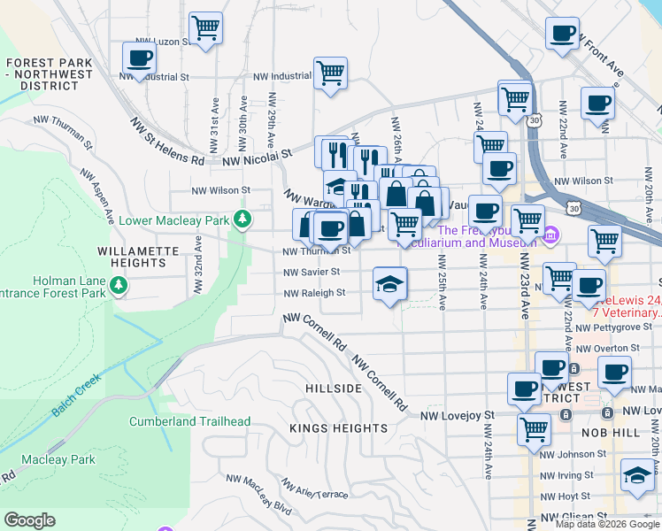 map of restaurants, bars, coffee shops, grocery stores, and more near 2725 Northwest Thurman Street in Portland