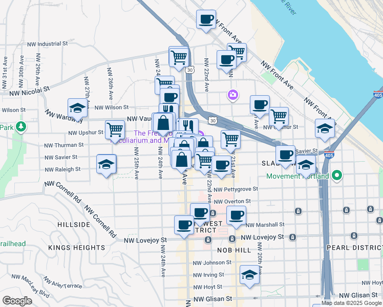 map of restaurants, bars, coffee shops, grocery stores, and more near in Portland