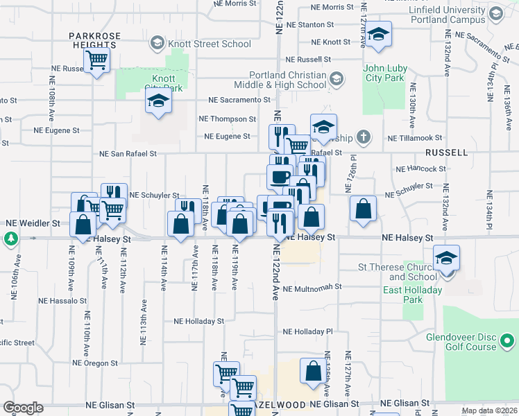 map of restaurants, bars, coffee shops, grocery stores, and more near 12050 Northeast Broadway in Portland