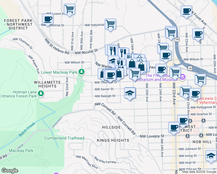 map of restaurants, bars, coffee shops, grocery stores, and more near 2777 Northwest Savier Street in Portland