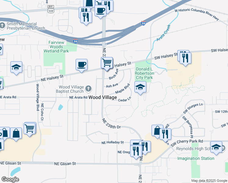 map of restaurants, bars, coffee shops, grocery stores, and more near 113 Ash Avenue in Wood Village