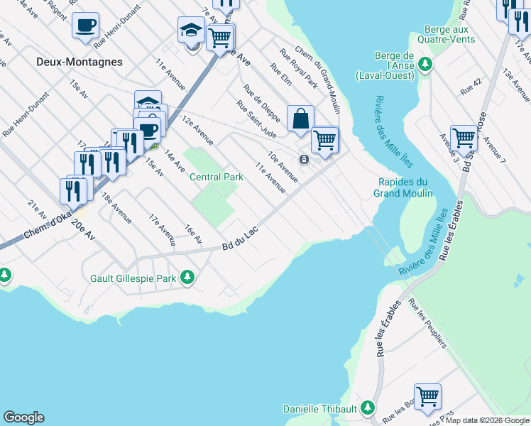 map of restaurants, bars, coffee shops, grocery stores, and more near 1205 Boulevard du Lac in Deux-Montagnes