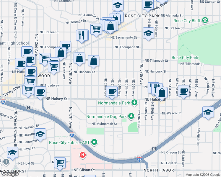 map of restaurants, bars, coffee shops, grocery stores, and more near 1724 Northeast 53rd Avenue in Portland