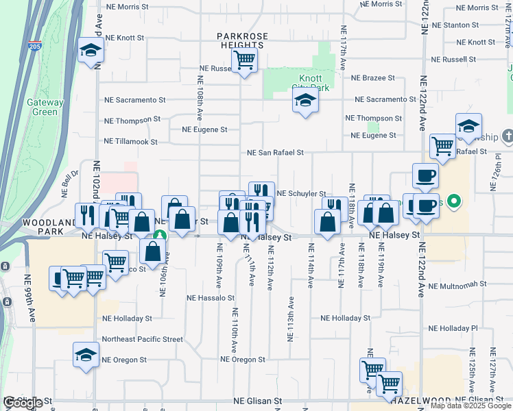 map of restaurants, bars, coffee shops, grocery stores, and more near 11177 Northeast Weidler Street in Portland