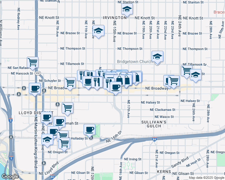 map of restaurants, bars, coffee shops, grocery stores, and more near Northeast 15th Avenue in Portland