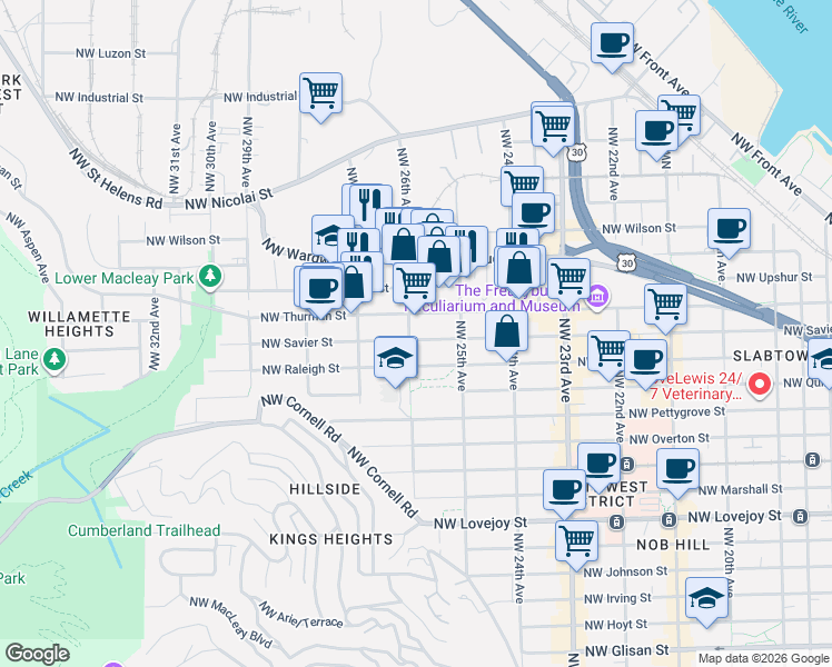map of restaurants, bars, coffee shops, grocery stores, and more near 2555 Northwest Savier Street in Portland
