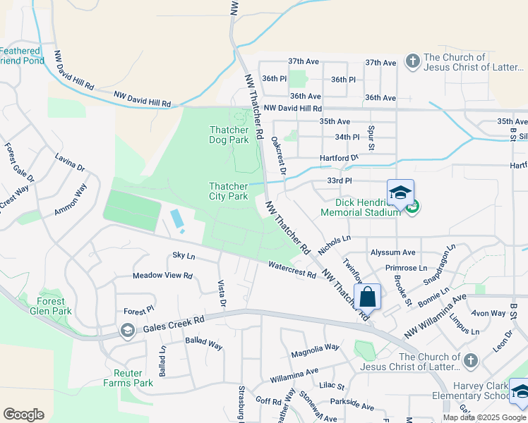 map of restaurants, bars, coffee shops, grocery stores, and more near 2035 Northwest Thatcher Road in Forest Grove