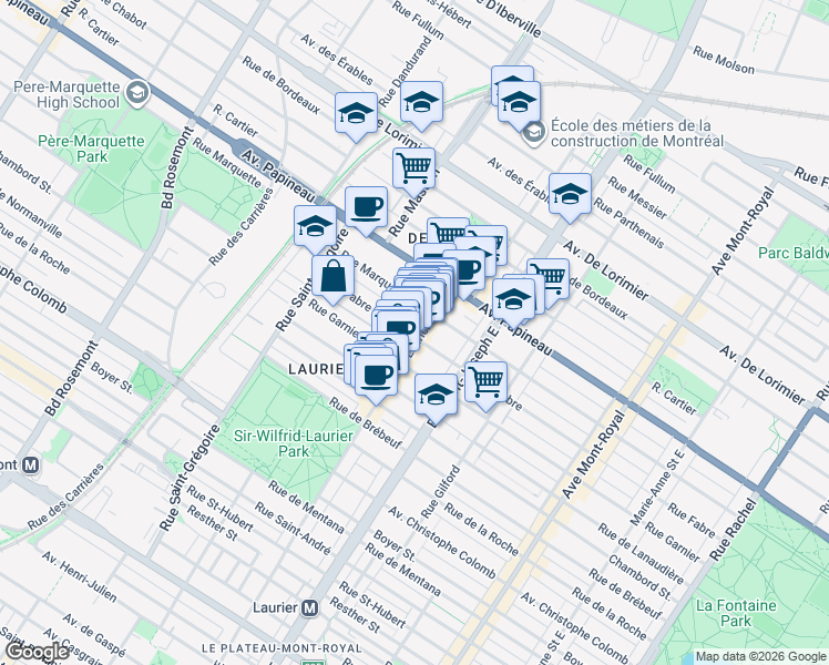 map of restaurants, bars, coffee shops, grocery stores, and more near 5107 Rue Fabre in Montreal