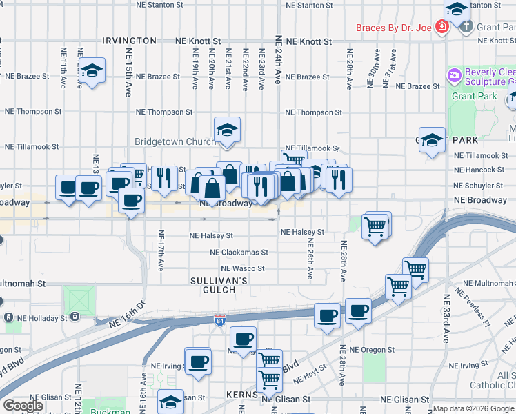 map of restaurants, bars, coffee shops, grocery stores, and more near 2222 Northeast Broadway in Portland